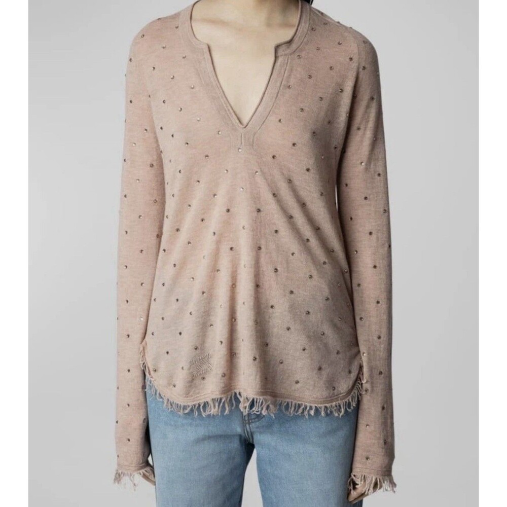 Zadig & Voltaire Women's Riviera Rhinestone Cashmere Sweater Brown Cream Size S